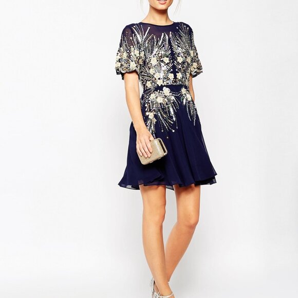 ASOS Gold and Navy Sparkle Mesh Skater Dress - Picture 8 of 8